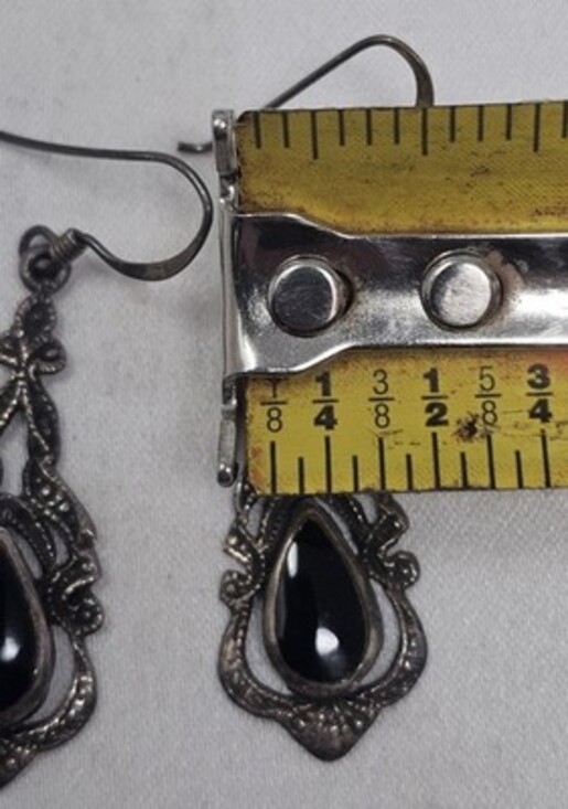 Vintage Stamped Sterling Silver 925 Black Onyx French Hook Dangle Earrings - Picture 8 of 8